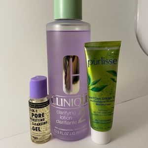 Skincare trio - shero gel cleanser Clinique lotion and purlisse green tea primer